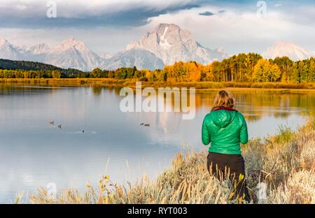 Young woman looking over autumn landscape, Mount Moran reflected in Snake River, morning mood at Oxbow Bend, autumn trees and Stock Photo
