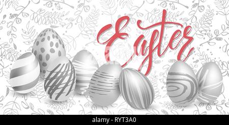 Easter holiday composition with realistic silver eggs and decorative pattern. Vector illustration. Stock Vector