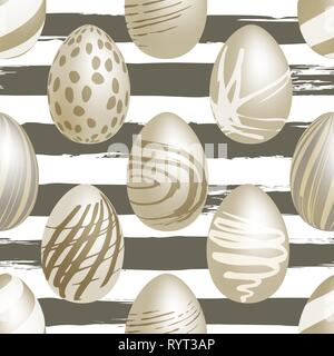 Seamless background Happy Easter pattern with easter silver eggs with ornament. Vector illustration. Stock Vector