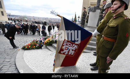 Prague, Czech Republic. 15th Mar, 2019. Prague Mayor Zdenek Hrib (left) attends commemorative event on occasion of 80 years from Nazi occupation of Czech Lands organised by Czechoslovak Association of Legionaries, on the Hradcany Square in Prague, Czech Republic, on March 15, 2019. Credit: Michal Kamaryt/CTK Photo/Alamy Live News Stock Photo