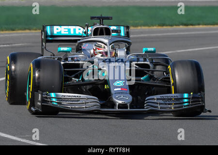 Albert Park, Melbourne, Australia. 15th Mar, 2019. Lewis Hamilton (GBR) #44 from the Mercedes-AMG Petronas Motorsport team rounds turn two during practice session one at the 2019 Australian Formula One Grand Prix at Albert Park, Melbourne, Australia. Sydney Low/Cal Sport Media/Alamy Live News Stock Photo