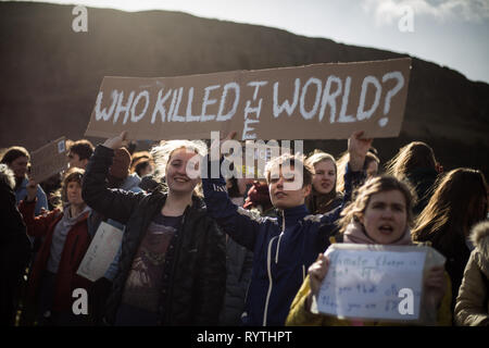 Edinburgh, Scotland, 15th March 2019. Youth Climate Strike demonstration takes place outside of the Scottish Parliament, in Edinburgh, Scotland, 15 March 2019. The Youth Climate Strike rallies, inspired by Swedish schoolchild and activist Greta Thunberg, are today taking place in more than 100 countries. Photo by: Jeremy Sutton-Hibbert/Alamy Live News. Stock Photo