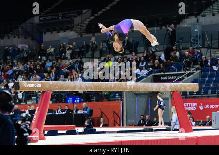 Liverpool, UK. 15th Mar, 2019. Jessica Wright of Dynamic Gymnastics competing during the beam rotation at the Men's and Women's Artistic British Championships 2019, M&S Bank Arena, Liverpool, UK. Credit: Iain Scott Photography/Alamy Live News Stock Photo
