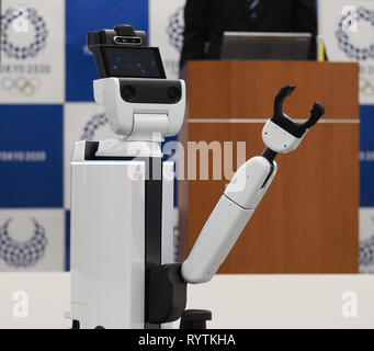 Tokyo. 15th Mar, 2019. Photo taken in Tokyo, Japan, on March 15, 2019 shows the Human Support Robot, which may be used in Tokyo 2020 Olympic and Paralympic Games. The Tokyo 2020 Organizing committee announced the launch of its new Tokyo 2020 Robot Project on Friday. Credit: Du Xiaoyi/Xinhua/Alamy Live News Stock Photo