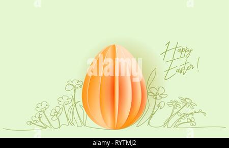 Happy Easter card. Hand drawn flowers with paper cut egg. Vector paper design illustration. Continuous one line style. Stock Vector