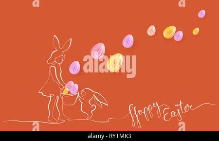 Happy Easter. Girl with rabbit ears and basket searching Easter eggs together wuth bunny. Vector paper desing illustration. Continuous one line style. Stock Vector