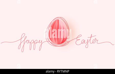 Happy Easter lettering card. Hand drawn Line with paper cut egg. Vector paper desing illustration. Continuous one line style. Stock Vector