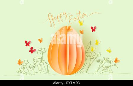 Happy Easter card. Hand drawn flowers with paper cut egg and butterfly. Vector paper design illustration. Continuous one line style. Stock Vector