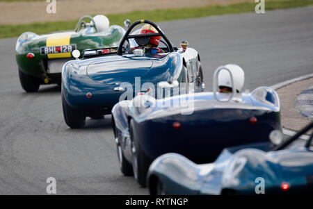 Lister Knobbly leads Allard J2R and other1950's sports cars - The Vintage Sports-car Club meet at Silverstone. Stock Photo