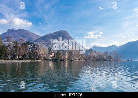 Beautiful view of Lugano lake in March, Switzerland Stock Photo