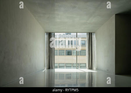 Empty room with empty walls view through a window into the future, new opportunities and new perspectives Stock Photo