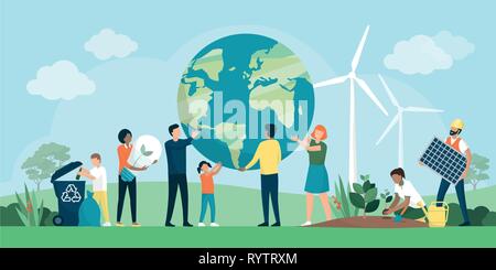 Multiethnic group of people cooperating for environmental protection and sustainability in a park: they are supporting earth together, recycling waste Stock Vector