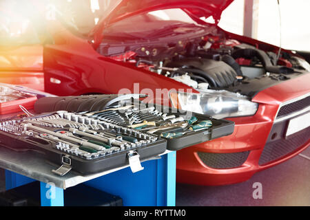 Set of tools on a table in a car service Stock Photo