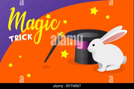 Vector banner with funny white rabbit, magic hat and wand. Trick with a rabbit out of a hat. Little white rabbit, black top hat and magic wand for Stock Vector