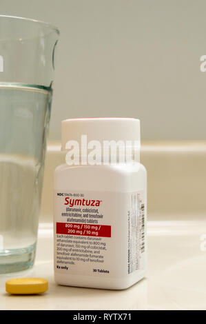 Chicago, USA-March 13, 2019: Symtuza prescription medication is used to treat HIV infection and taken once daily with a glass of water. Stock Photo