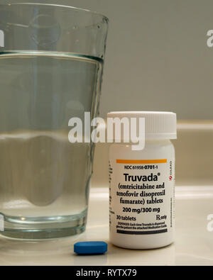 Chicago, USA-March 13, 2019: Truvada or PrEP is a prescription medication used to treat HIV infection and also prevent HIV infection. Stock Photo