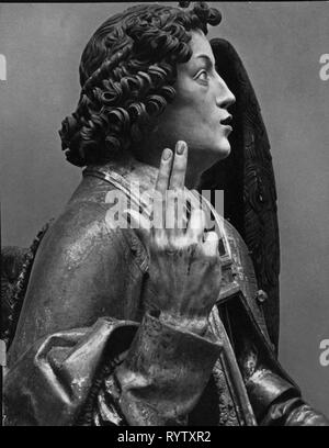 religion, Christianity, angel, head of the angel of annunciation from the Angelic Salutation, sculpture, by Veit Stoss (circa 1447 - 1533), 1517 / 1518, wood, painted,  St. Lawrence Church, Nuremberg, Additional-Rights-Clearance-Info-Not-Available Stock Photo