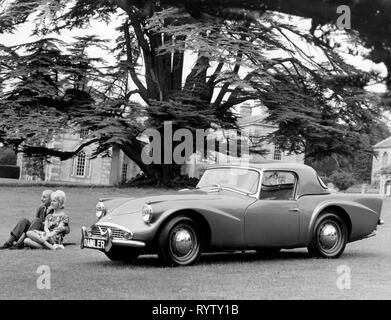 transport / transportation, car, vehicle variants, Daimler SP250, view from left ahead, Great Britain, 1960, SP 250, sports car, sports cars, roadsters, roadster, two-door model, twoseater, United Kingdom, park, parks, motor car, auto, automobile, passenger car, motorcar, motorcars, autos, automobiles, passenger cars, German, clipping, cut out, cut-out, cut-outs, 1960s, 60s, 20th century, people, couple, couples, transport, transportation, car, cars, view, views, historic, historical, Additional-Rights-Clearance-Info-Not-Available Stock Photo