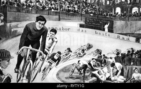 sports, cycling, bicycling, cycle race, cycle races, 3rd Berlin Six Days Race, palace of sports, 3.3. - 8.6.1911, later drawing, Additional-Rights-Clearance-Info-Not-Available Stock Photo