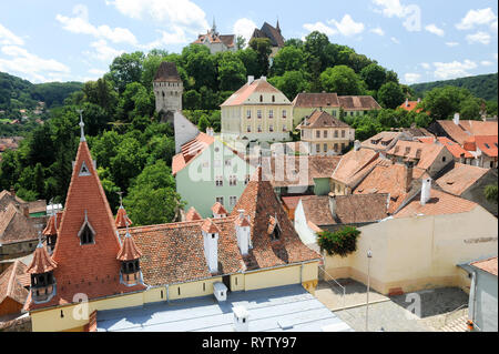 Gothic Turnul Cositorilor (Tinsmiths Tower), Școala din deal (School on the Hill) and Gothic Biserica din Deal (Church on the Hill) on Hilltop School  Stock Photo