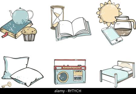 Hostel set of vector flat icons. Travel kit hand drawn illustration gringe texture, isolated background. Stock Vector