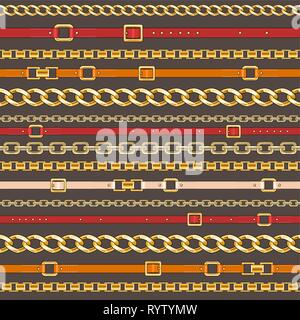 Abctract seamless pattern with belts and chain on bright background for fabric. Trendy repeating print. Stock Vector