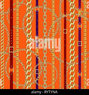 Abctract seamless pattern with belts, chain on bright animal skin background for fabric. Trendy repeating leopard print. Stock Vector