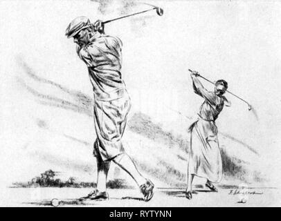 sports, golf, man and woman playing golf, drawing, 1920s, Additional-Rights-Clearance-Info-Not-Available Stock Photo