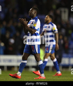 Reading's Andy Yiadom applauds the fans after the Sky Bet Championship match at the Madejski Stadium, Reading. PRESS ASSOCIATION Photo. Picture date: Tuesday March 12, 2019. See PA story SOCCER Reading. Photo credit should read: Bradley Collyer/PA Wire. RESTRICTIONS: No use with unauthorised audio, video, data, fixture lists, club/league logos or 'live' services. Online in-match use limited to 120 images, no video emulation. No use in betting, games or single club/league/player publications. Stock Photo