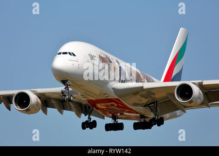 A6-EEQ Emirates Airbus A380-800 on finals for landing at London Heathrow Airport, UK Stock Photo