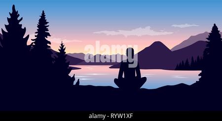 person enjoys peace in nature on the river in the forest at sunrise vector illustration EPS10 Stock Vector