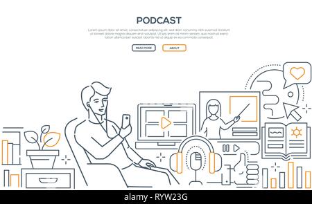 Podcast - modern line design style web banner Stock Vector
