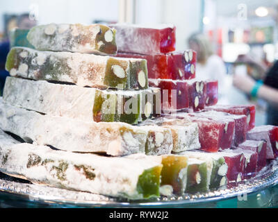 Traditional Turkish Delight, Assorted Turkish Delight bars Sugar coated soft candy  Stock Photo