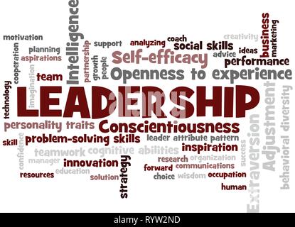 leadership Word Tag Cloud, shows words related to leadership and leader attribute pattern concept, vector ESP10 Stock Vector