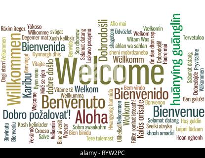 Word Tag Cloud, shows equivalents of 'Welcome', how to say it in many languages, vector ESP10 Stock Vector