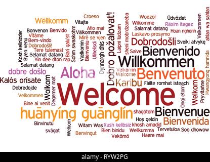 Word Tag Cloud, shows equivalents of 'Welcome', how to say it in many languages, vector ESP10 Stock Vector