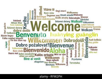 Word Tag Cloud, shows equivalents of 'Welcome', how to say it in many languages, vector ESP10 Stock Vector