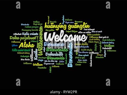 Word Tag Cloud, shows equivalents of 'Welcome', how to say it in many languages, vector ESP10 Stock Vector