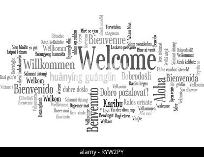 Word Tag Cloud, shows equivalents of 'Welcome', how to say it in many languages, vector ESP10 Stock Vector