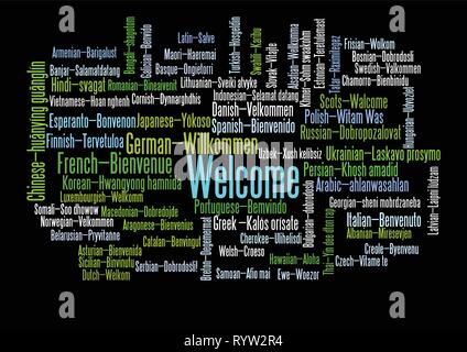 Word Tag Cloud, shows equivalents of 'Welcome', how to say it in many languages. It is version with language name. Vector ESP10 Stock Vector