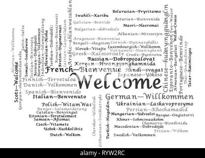 Word Tag Cloud, shows equivalents of 'Welcome', how to say it in many languages. It is version with language name. Vector ESP10 Stock Vector