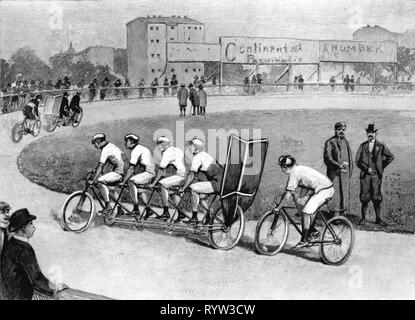 sports, cycling, cycle race, training behind sprayhoods, Halensee circut, Berlin, after drawing by Ernst Hosang, 1899, Additional-Rights-Clearance-Info-Not-Available Stock Photo