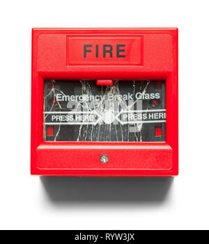 Fire Alarm with Broken Glass Isolated on White. Stock Photo