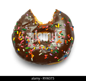 Chocolate Sprinkle Donut with Bite Eaten Out of it Isolated on White. Stock Photo