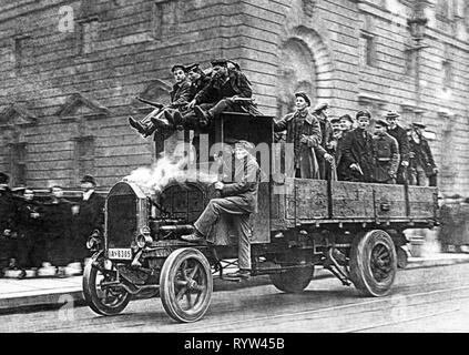 Revolution 1918 - 1919, Germany, Berlin, Spartacist uprising 5.1. - 12.1.1919, armed workers in front of the royal stables, January uprising, lorries, trucks, lorry, truck, transport, revolutionist, revolutionists, Spartacists, Free State of Prussia, German Reich, republic, republics, civil war, 1910s, 10s, 20th century, people, men, man, male, group, groups, revolution, revolutions, workers, worker, historic, historical, Additional-Rights-Clearance-Info-Not-Available Stock Photo