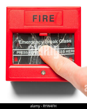 Finger Pushing Glass on Fire Alarm Isolated on White. Stock Photo