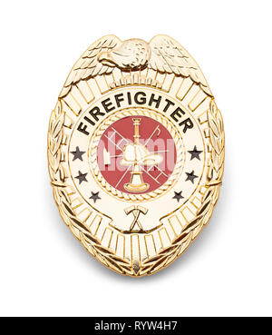 Gold Fire Department Badge Isolated on White. Stock Photo