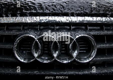 Bucharest, Romania -  January 24, 2019: An Audi car is glazed with ice after an winter ice storm, in Bucharest, Romania. Stock Photo