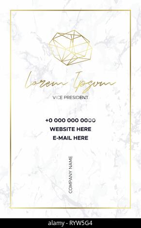 Marble business card with a gold crystal logo. Gold polygonal shape. Corporate identity template in trendy style with a gold stone for modern cute rom Stock Vector