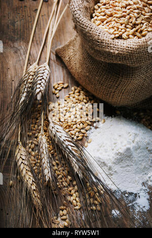 Vintage still life with organic flour, whole wheat grain in retro bag and wheat ears on rustic wooden table. Stock Photo